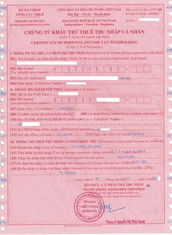 Chứng từ khấu trừ TNCN