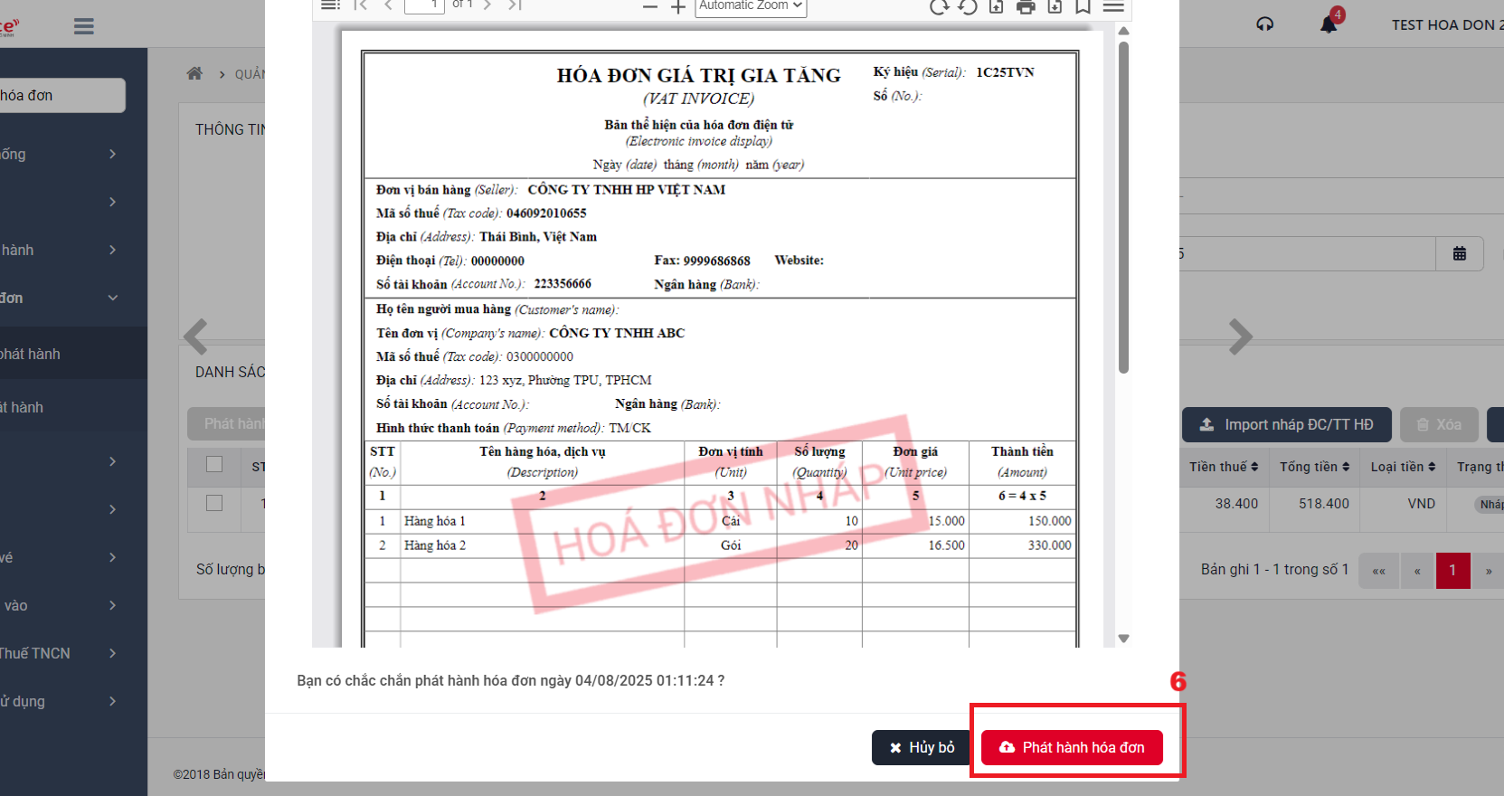 B6: Xuất hóa đơn viettel